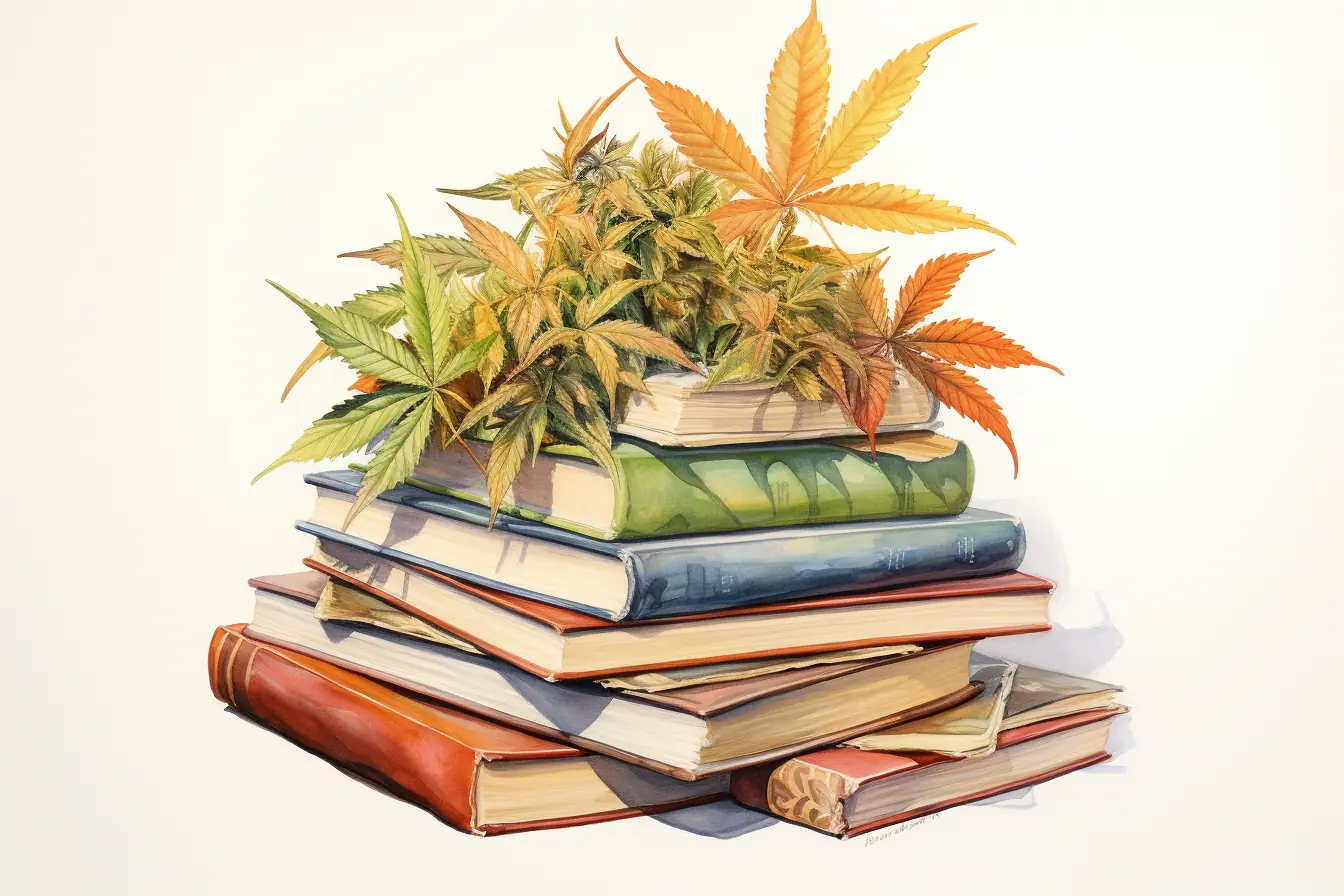 Eine Pflanze, die viele Bezeichnungen hat, Cannabis, versteckt farbenfrohe Bücher, die das Lesevergnügen fördern.